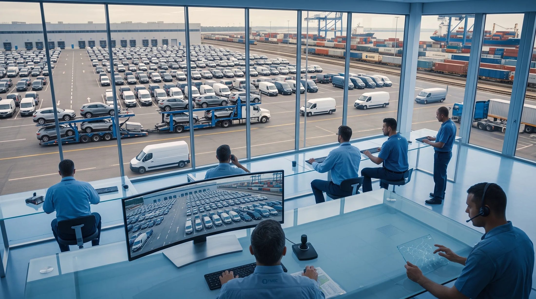 Fleet operators monitoring rows of parked vehicles and shipping containers from a glass-walled control room overlooking a port yard