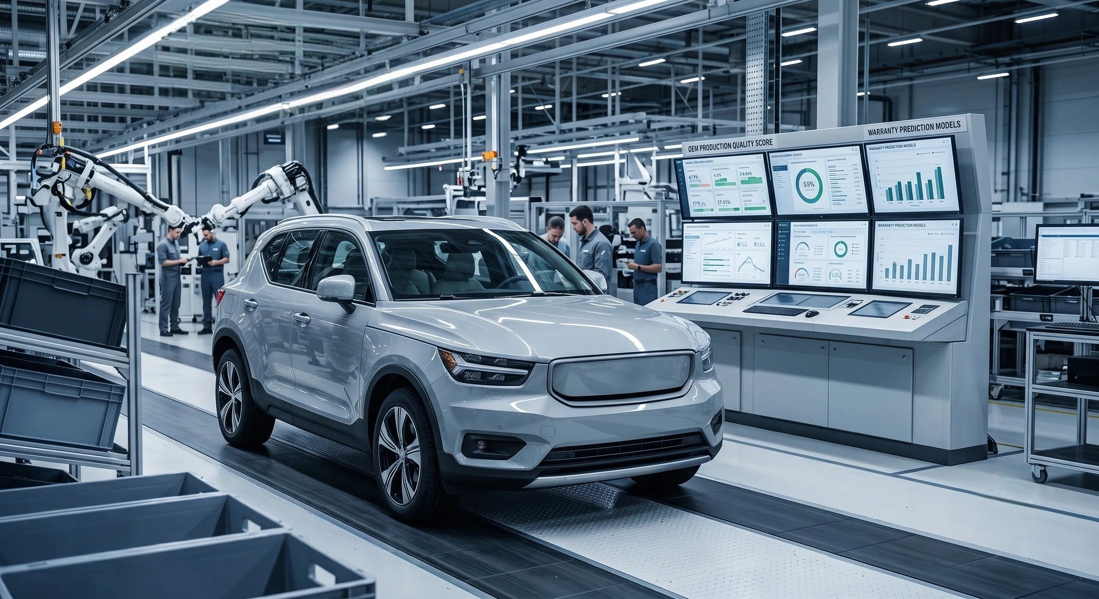A white SUV on an OEM production line beside wall-mounted screens showing production quality scores and warranty prediction dashboards