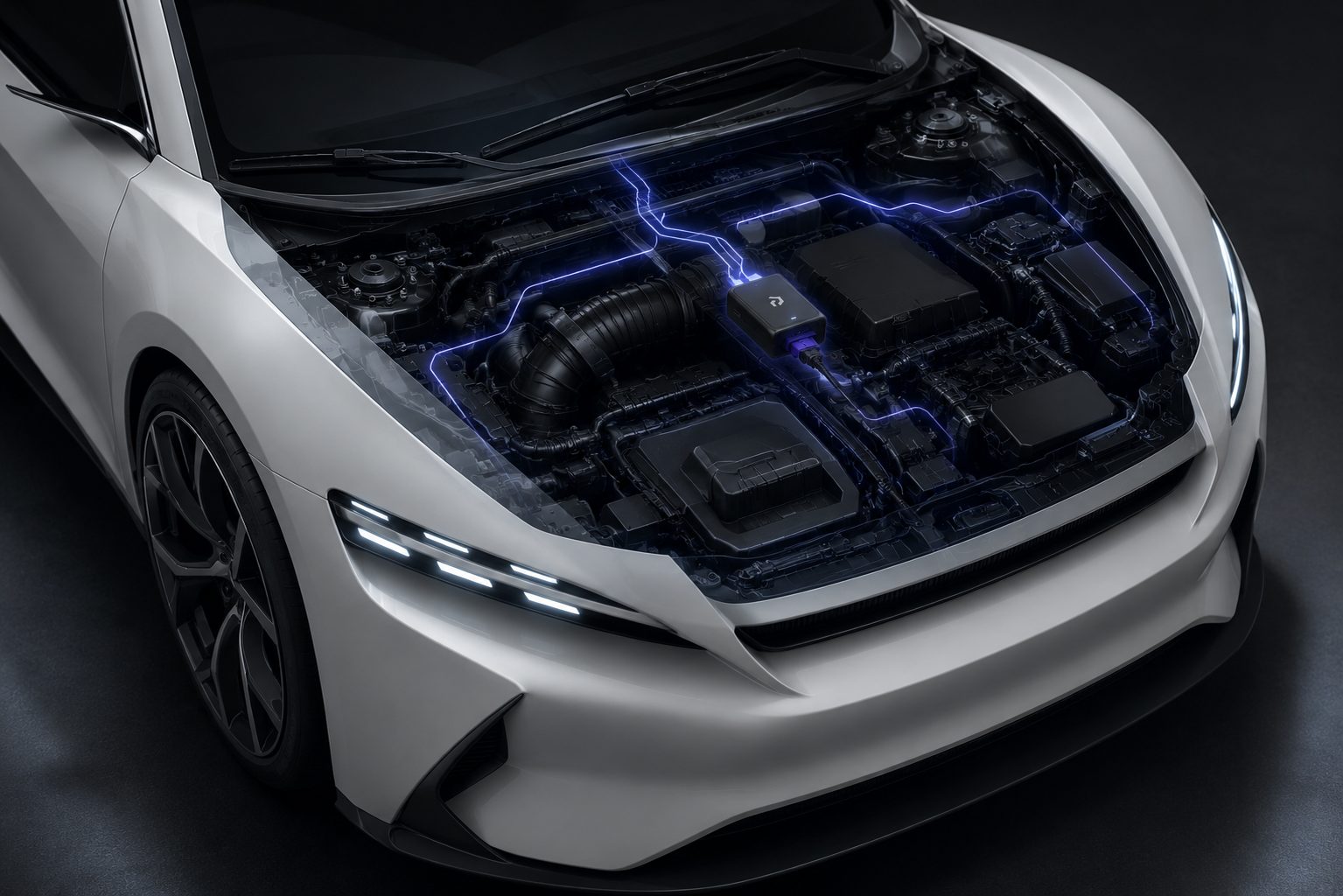 Overhead view of a white concept vehicle's open hood, its connected electronic components linked by glowing circuit traces